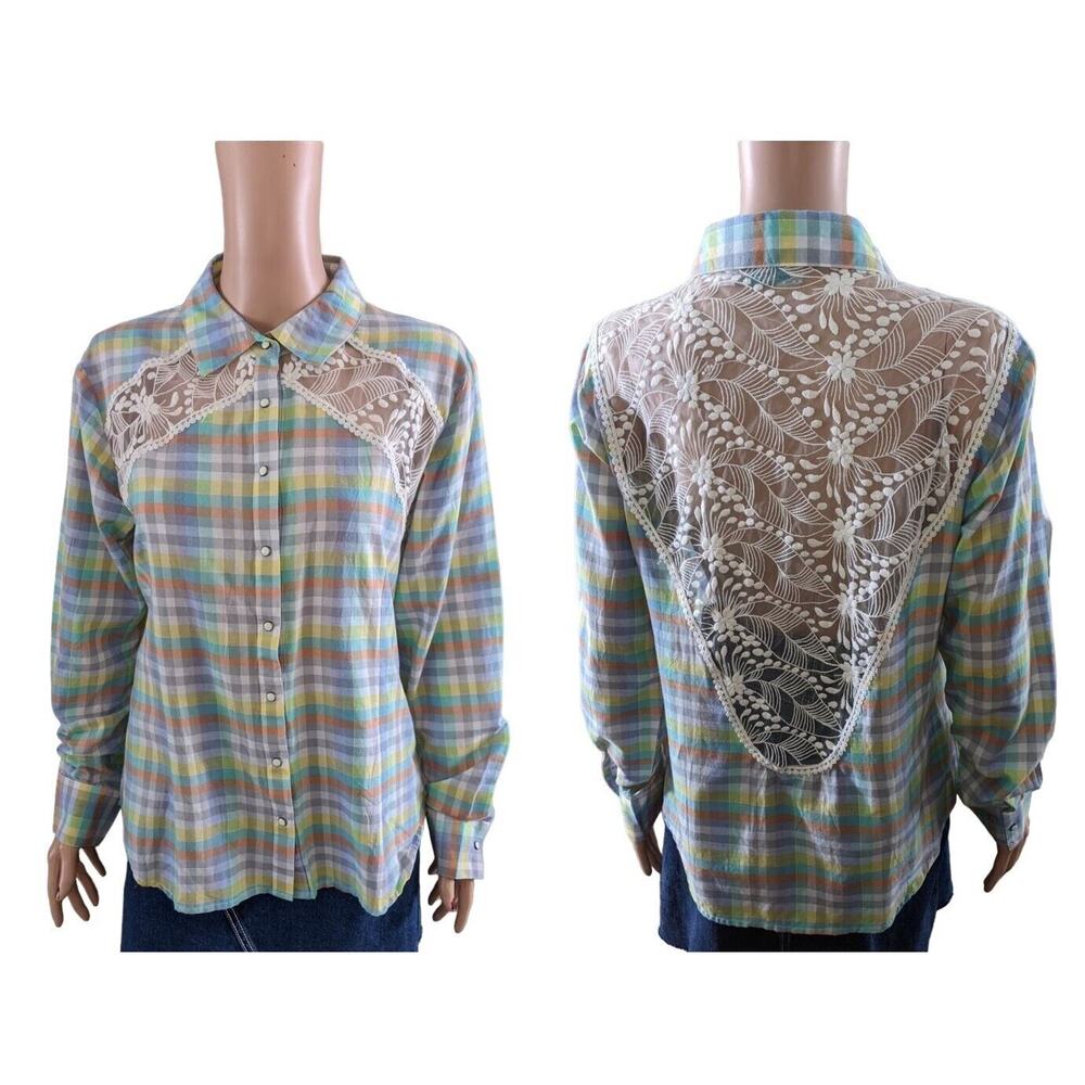 Pink Cattlelac Size L Rockabilly Lace Plaid Western Pearl Snap Shirt Cowgirl